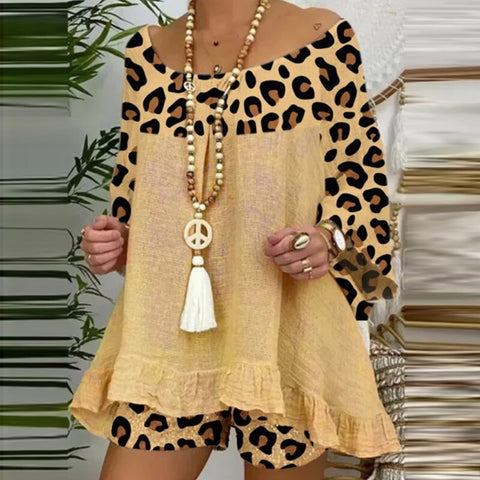 Sonicelife  Summer Fashion Leopard Patchwork Cotton Linen Tops + Elastic Waist Pocket Shorts Suits Casual 3/4 Sleeve Women Two Piece Set 3XL
