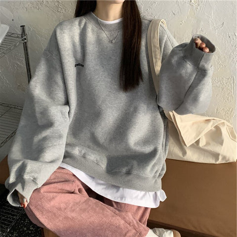 Sonicelife Casual Crewneck Sweatshirt Women Aesthetics Letter Long Sleeve Hoodies Fashion Korean Plush Woman Sweetshirt Egirl Clothes Tops