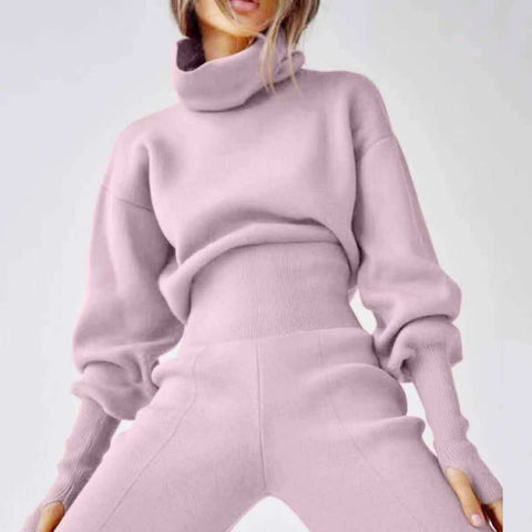 2023 Summer New Women's Casual 2 Two-piece High Neck Long Sleeve Knitted Sweater Pullover & High Waist Pants Slim Sportswear Set