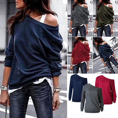 Back to school outfit Sonicelife  2023 Autumn Blouse One Shoulder Tops Solid Shirt Female Clothes Outwear Casual Female Knitted Loose Shirts Women Long Sleeve