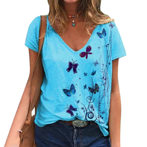 Sonicelife Women Short Sleeve V Neck Casual Tops Summer Fashion Butterfly Print Vintage Tops Pullover Female Elegant Streetwear T-Shirt D30