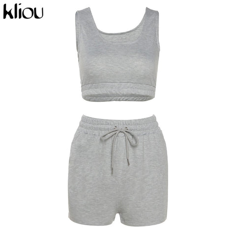 Kliou Casual Solid Sportswear Two Piece Sets Women 2021 Crop Top And Drawstring Shorts Matching Set Summer Athleisure Outfits