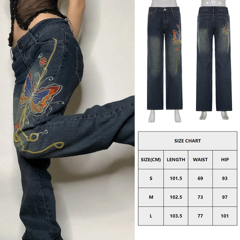 Sonicelife  Sifreyr Butterfly Print Baggy Jeans Women Autumn Low Waist Denim Flare Pants Harajuku Streetwear Vintage Y2k Fairy Grunge Jeans