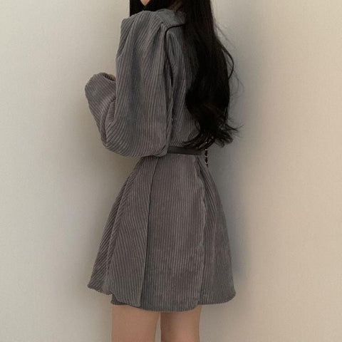 Sonicelife hoco dresses Harajuku Korean Fashion Corduroy Mini Dress with Belt (Gray)