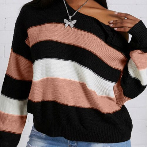 Woman Striped Sweater Winter Long-sleeve 2023 Oversize  Off Shoulder Knitted Sweaters Warm Casual O Neck Female Jumpers