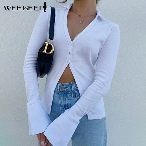 Weekeep White Ribbed T-Shirts Women Flared Long Sleeve V Neck Button Up Cardigan Summer Harajuku Casual Solid Outfits Basic