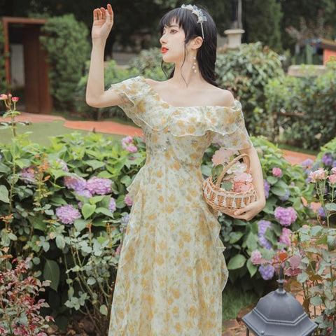 Sonicelife French Vintage Fairy Dress Women Ruffle Irregular Designer Long Floral Dress  Summer Elegant Korean Holiday Victorian Dress