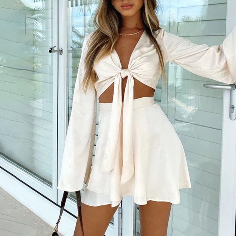 Sonicelife Satin Two Piece Set Women Autumn Tops Lace Up Wrap  Mini Skirts Elegant Purper Suits White Lantern Long Sleeve Crop Cardigan