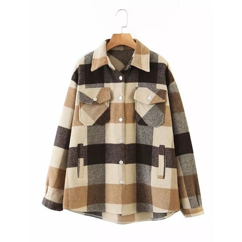 Sonicelife Womens Plaid Shirt Jacket Coat Ladies Pockets Thick Turn Down Collar Plus Size Female Outerwear