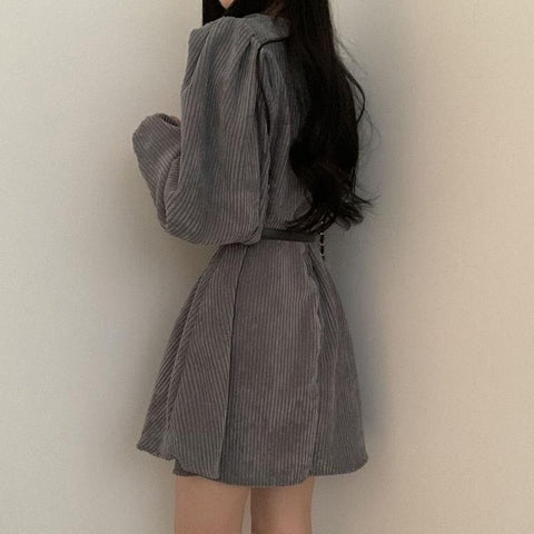 Sonicelife hoco dresses Harajuku Korean Fashion Corduroy Mini Dress with Belt (Gray)