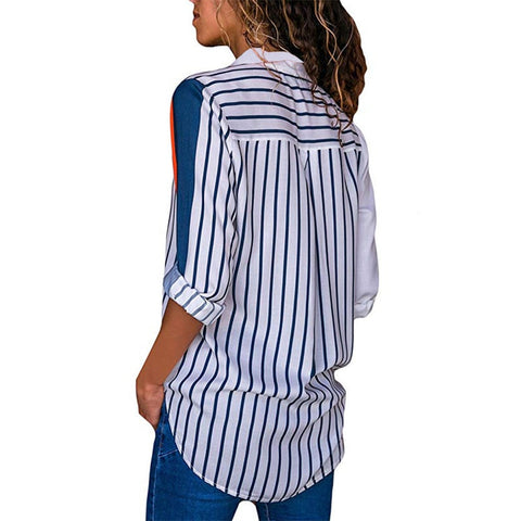 Sonicelife  Women Chiffon Blouses V Neck Long Sleeves Blue& White Striped Patchwork Button Cardigan Casual Tops Tee Shirts Blouse