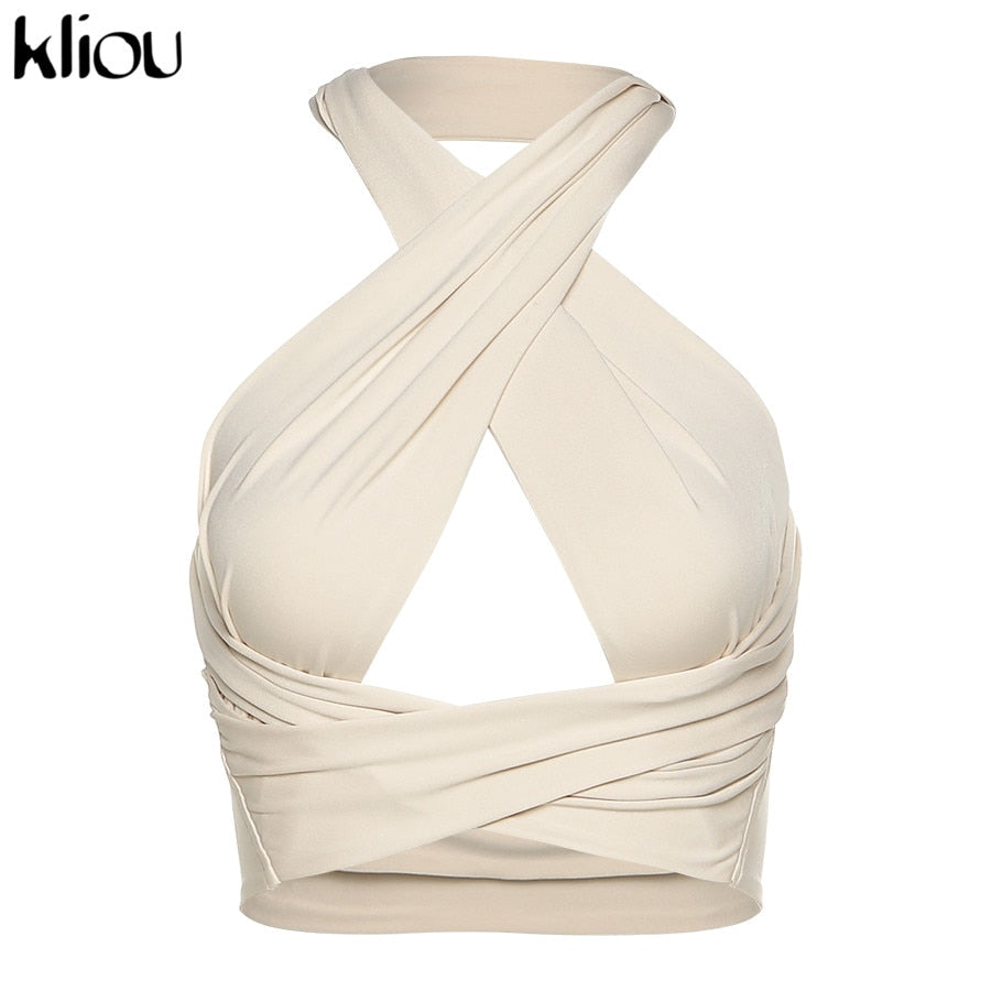 Sonicelife Kliou Solid Halter Crop Tops Women Bandage Hole  Backless Tanks Vest Skinny Party Clubwear Female Hot Outwear Outfits Summer