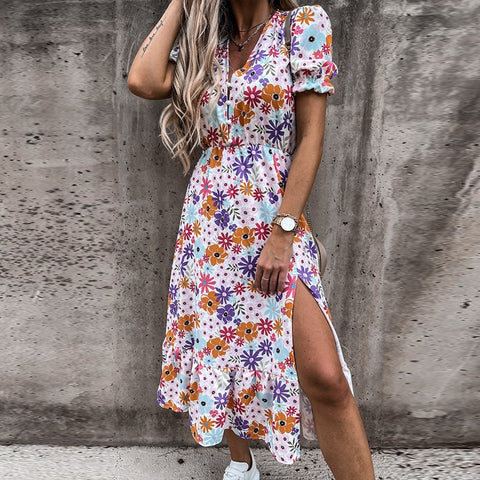 Sonicelife  Summer Floral Print Dress Women V Neck Side Slit Long Elegant Dress Short Sleeve Button Slim Spring Female Party Dress Vestidos