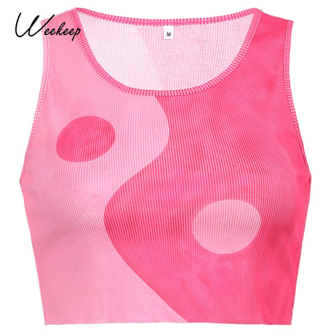 Sonicelife Weekeep Vintage Chinese Style Print Ribbed Crop Top Women Sleeveless Tank Top Summer Punk Fitness New Streetwear 90s Fashion Tee