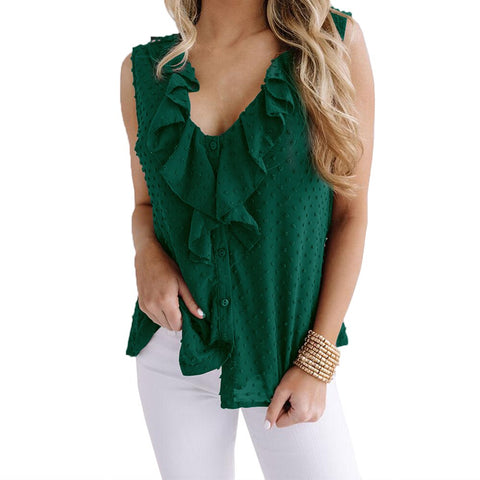 Sonicelife Women V Neck Ruffle Tops Blue Jacquard Fashion Polka Dot Vest Female Sleeveless Chic Shirts  Solid Mesh Blouses D30