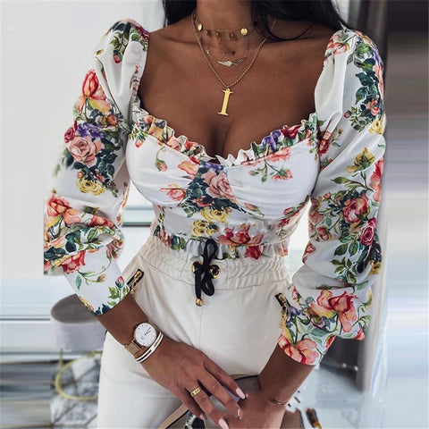 Sonicelife  Elegant Long Puff Sleeve Square Collar Blouse Women Lace Ruffle Trim Floral Short Blouse Office Lady Slim Fit Flowers Crop Tops