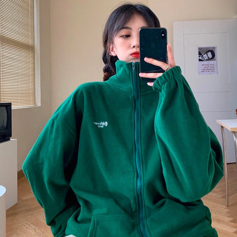 Sonicelife Harajuku Long Sleeve Oversized Hooded Sweatshirts Women Winter Vintage Clothes Woman Warm Thick Jacket Sweetshirt Zip Up Hoodies