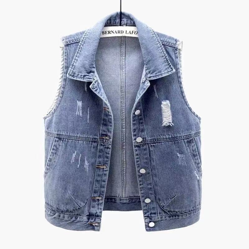 Sonicelife Women's Denim Jacket Sleeveless Spring Summer Jean Vest Top Single Breasted Turn-down Collar Loose Cotton Blue Waistcoat Women