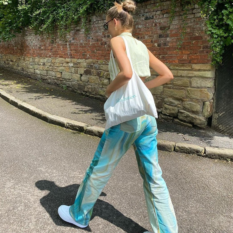 Sonicelife Women's Wide Leg Pants Fashion High Waist Abstract Print Relaxed Fit Long Pants Streetwear Ladies Girls Casual Trousers New