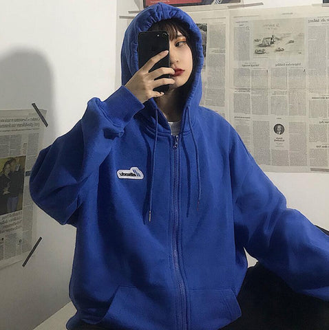 Sonicelife Vintage Zip Up Hoodie Oversized Harajuku Couple Streetwear Women Plus Size Loose Hooded Clothes Casual Thin Sweatshirts Pullover