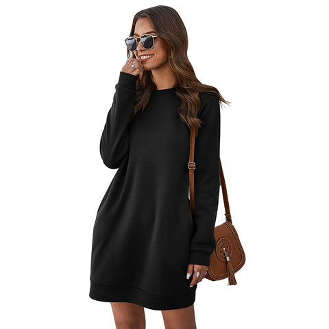 Sonicelife  Women Solid Casual Short Dress Black O Neck Long Sleeves A Line Pullover Office Lady Autumn Winter Pocket Mini Dresses