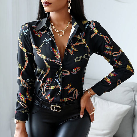 Sonicelife Women Turn-down Collar Blouse Spring Autumn Long Sleeve Butterfly Print Tops Button Elegant Slim Fit Ladies Female  Shirts