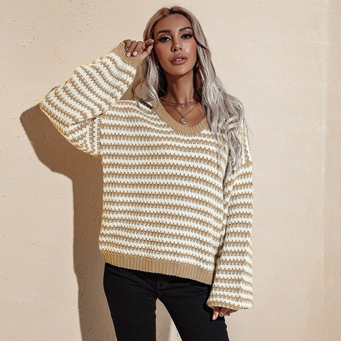 Ladies Sweater Puff Sleeve Pullovers Knitwear Women's Sweater Oversize Striped Off The Shoulder Sweaters Women Fashion Autumn