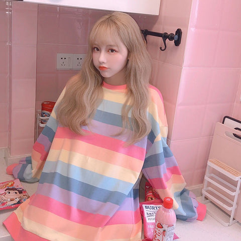 Sonicelife Harajuku Style Kpop Striped Loose Sweatshirt Women Spring Long Sleeve Pullover Kawaii Clothes Colorful Rainbow Student Girl Tops