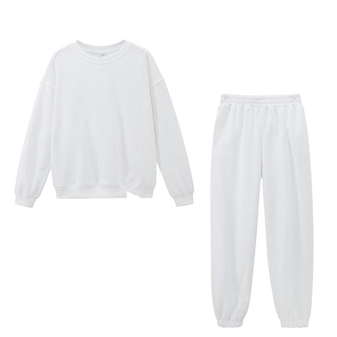 Casual Oversized Two Piece set woman Suit Female Tracksuit Pant O-neck Sweatshirts White Sweatpants