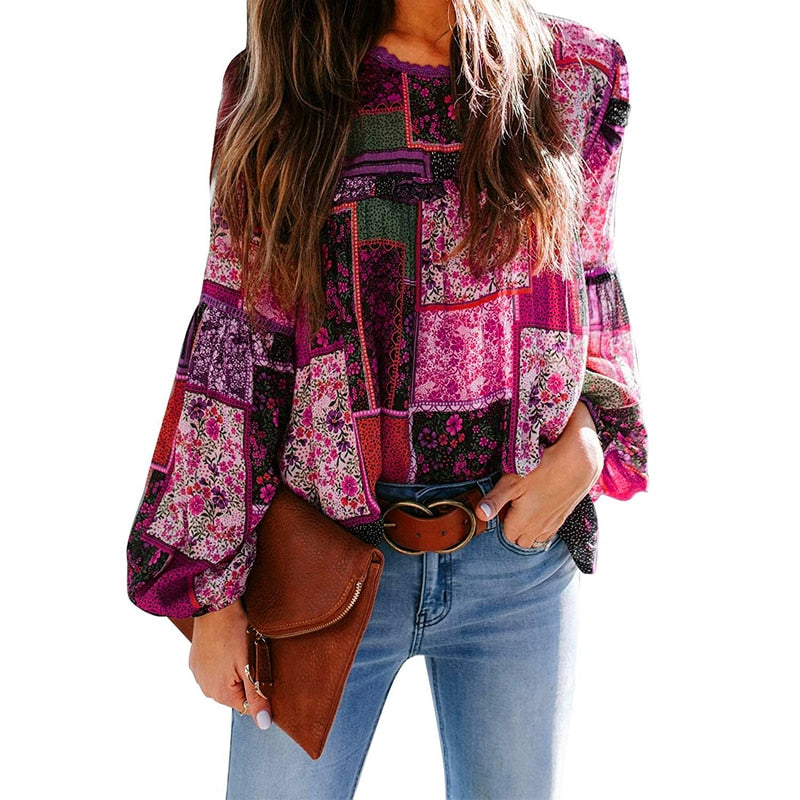 Sonicelife  Women Print Bohemian Blouse Casual Tops O Neck Long Puff Sleeves Loose Pullover Office Lady Tee Beach Party Boho Blouses