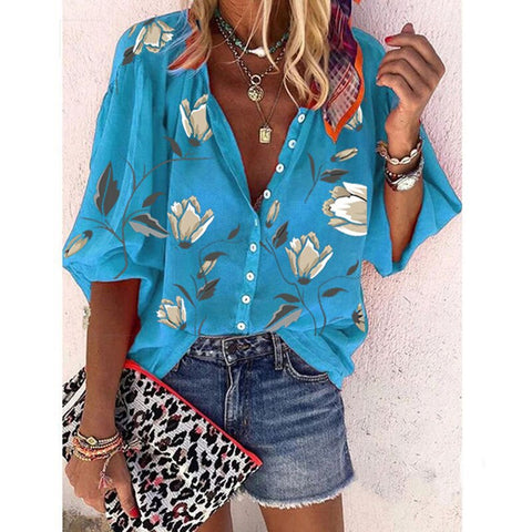 Sonicelife  Women Print Tops Boho Blouse Blue Turn Down Collar Long Sleeves Single Breasted Button Cardigan Loose Casual Plus Blouse