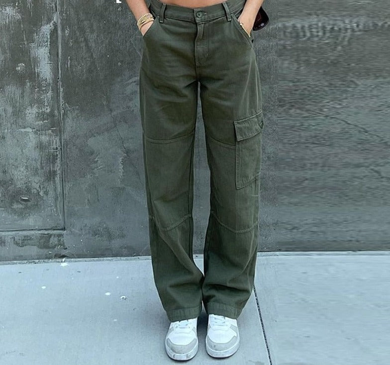 Sonicelife Women Jeans Cargo Pocket Patchwork High Waist Wide Leg Denim Pants Casual Streetwear Harajuku Vintage Green Y2k Trousers