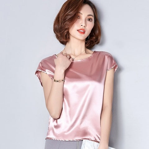Women Tops and Bloues Summer Casual Plus Size Basic Satin Shirts O-Neck Elegant Short Sleeve OL Silk Blouse Feminina Tops