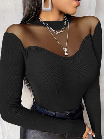 Solid Color Elegant Office Lady Women Slim Fit Tops Long Sleeve Round Neck Mesh Patchwork T-shirt  Female Black Clothes