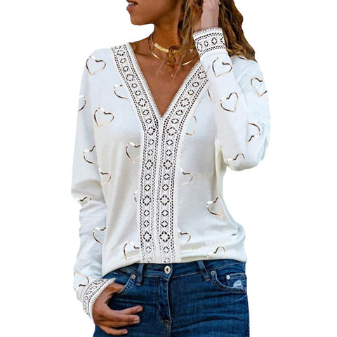 Fashion Lace Stitching Office Lady Elegant Blouses Tops Heart-Shaped Print White Long Sleeve  V Neck Loose Female Pullover