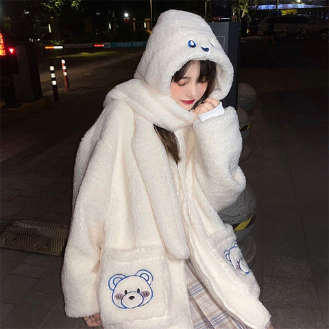 Sonicelife Fashion Lamb Wool Autumn Winter Coat Women's Fleece Jacket Bear Embroidery Hoodies Thick Sweatshirt Loose Casual Zipper Overcoat