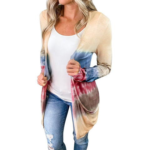 Sonicelife Sale Women Cardigan Tie Dye Printed Long Sleeve Spring Autumn Knit Cardigan Sweater Fashion Ladies Outfit Open Stitch Jumper D30