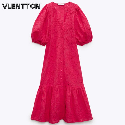 Sonicelife New Summer Women Chic Embroidery Cotton Midi Dress  V-Neck Hollow Out A-Line Party Dresses Ladies Vestidos Robe Mujer