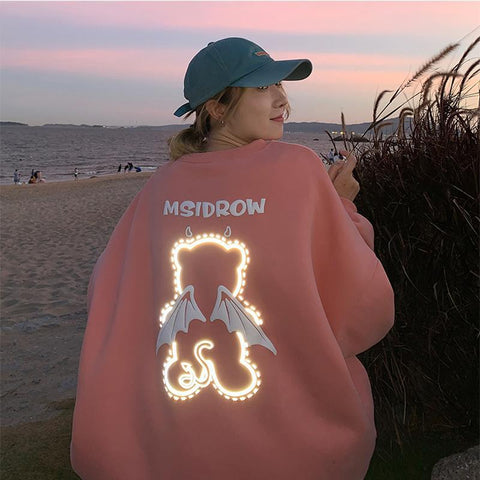 Sonicelife Fashion Harajuku Sweatshirt Hoodies Women Thin Long Sleeve Loose Couple Clothes Reflective Devil Pullover Female Kawaii Tops