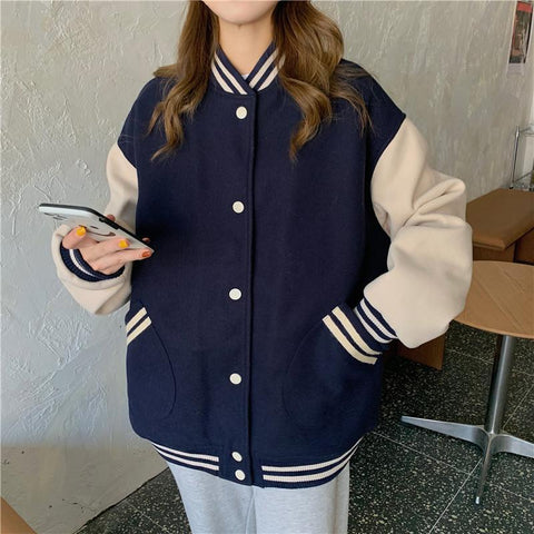Women Baseball Bomber Jacket Autumn Casual Loose Pockets Stripe Single Breasted Patchwork Oversized Jacket Coat Outerwear Tops