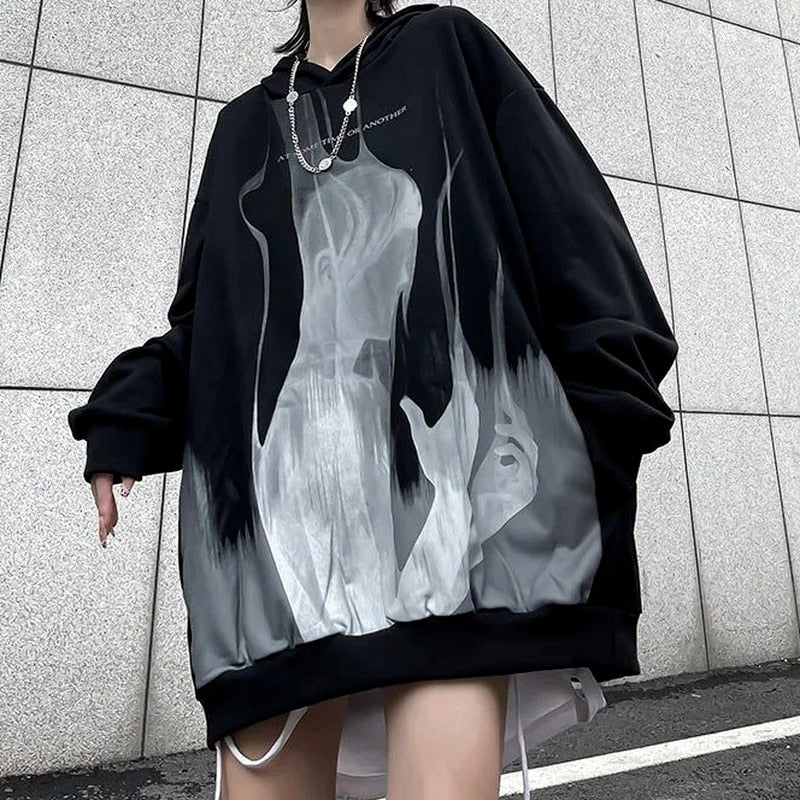 Sonicelife  Gothic Emo Printed Black Hoodies Women Harajuku Streetwear Punk Couple Female Pullover Couple Sweatshirt Goth Mall Top