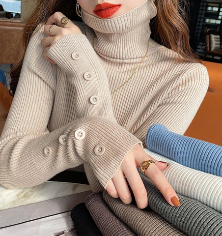 Christmas Gift Thick Cashmere Knitted Sweater Women 2023 Autumn Winter Korean Turtleneck Long Sleeve Button Pullover Female Jumper Knitwear