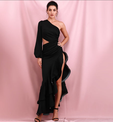 Sonicelife   Black Off-Shoulder Side Whit Split Cut Out Ruffled Long Sleeve Maxi Dress