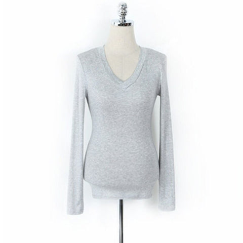 V-neck Slim T Shirt Tops 2023 Autumn Winter Tshirts Korean  white Elasticity Long Sleeve Tee Shirt Femme