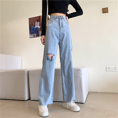 Woman Jeans Ripped High Waist Clothes Wide Leg Denim Clothing Streetwear Vintage Quality 2024 Fashion Harajuku Straight Pants