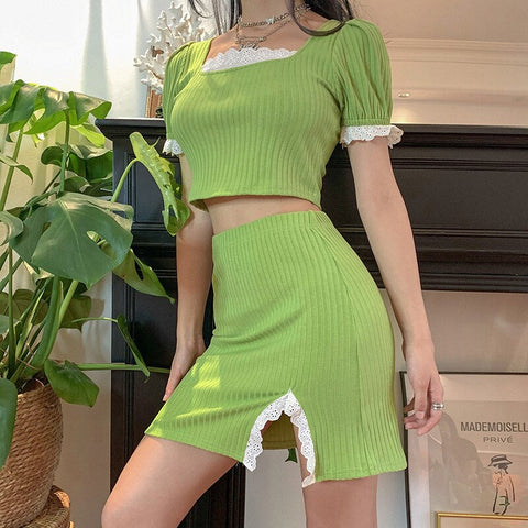 Casual Y2K Harajuku knit Lace edge cute Women's Suits with skirt  Show waist Crop top With High waist Split fork Mini skirt