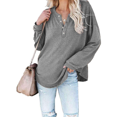 Sonicelife Solid Color Long-Sleeve Tops Pullover Button V Neck T-Shirt Spring Autumn Office Lady Elegant Tees Female Loose Clothes 2024