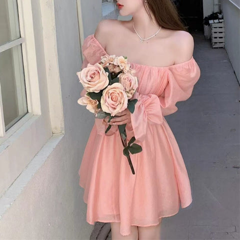 Sonicelife hoco dresses  Pink Sweet Elegant Princess Dress Women Casual Korean Slim Long Sleeve Fairy Dress Female Backless Design Vintage Dress  New