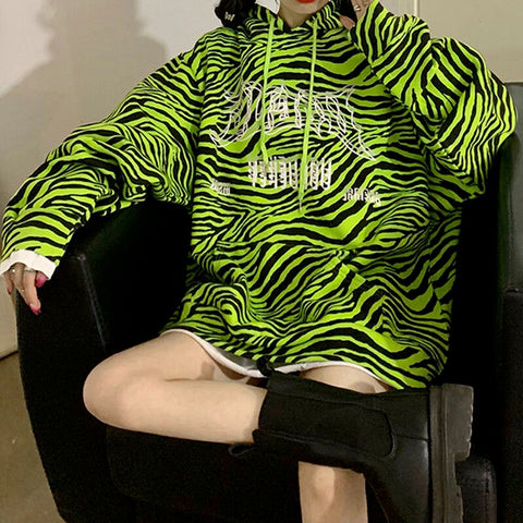 Sonicelife  Gothic Streetwear Zebra Print Oversize Green Hoddie Women Punk Harajuku Hip Hop Sweatshirt Female Pullover Black Tops