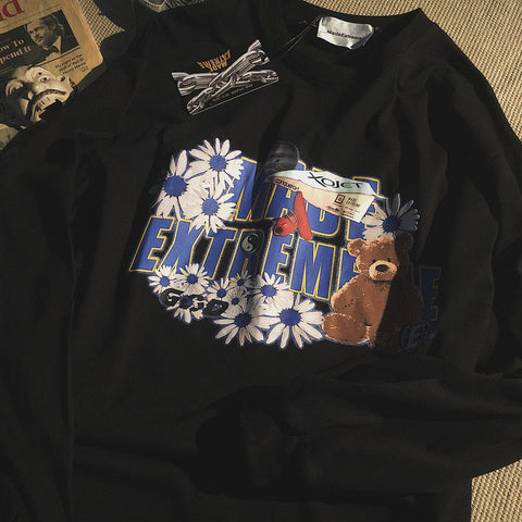 Sonicelife Vintage Couple Sweatshirt Women Floral Bear Loose Casual Long Sleeve Hoodies Oversized Streetwear Crew Collar Harajuku Top Cloth